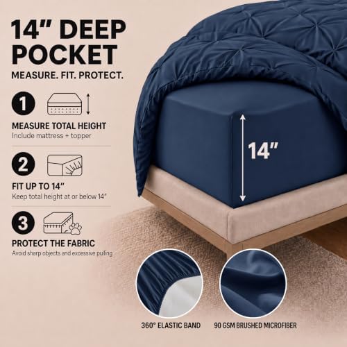HIMEET Queen Comforter Set Navy Blue - 7 Pieces Pintuck Bed in a Bag