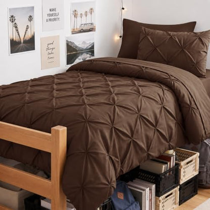 CozyLux Twin Comforter Set Brown, 5 Pieces Pintuck Bed in a Bag