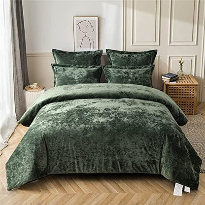 Fredsure Distressed Velvet Comforter Set, 5 Pieces Blackish Green King, Distressed Velvet Face and Brushed Microfiber Reverse