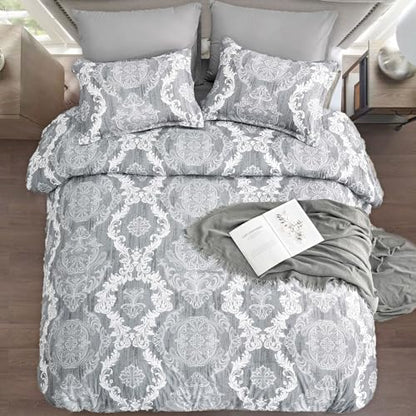 WONGS BEDDING Grey Comforter Set Queen Size, Damask Texture 7 Pieces Gray Bed in a Bag Microfiber Boho Comforter Bedding Sheet Set with Comforter, Flat Sheet, Fitted Sheet,Pillow Shams,Pillowcases