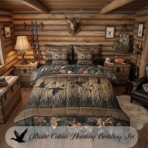 Erosebridal 7 Piece Camo Mallard Duck Comforter Set with Sheets for Kids Boys Men Rustic Farmhouse Cabin Bed in A Bag Queen,Hunting Woodland Duck Bedding Set Country Wood Board Animal Bed Set