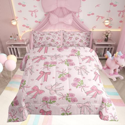 Castle Fairy Pink Bowknot Queen Size Comforter Set,Vintage Farmhouse Kawaii Pink Roses Duvet Insert for Kids Teens Adults,Romantic Princess Style Bedding Comforters for Bedroom Decor,3 Pcs