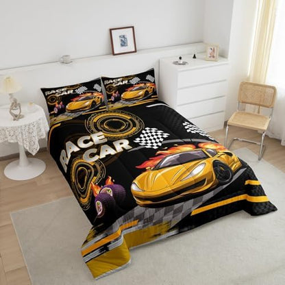 Feelyou Kids Yellow Race car Comforter Set Queen Size Speed Sports Car Bedding Set Boys Girls Automobile Racing Car Quilt Set Extreme Sports Theme Bed Set