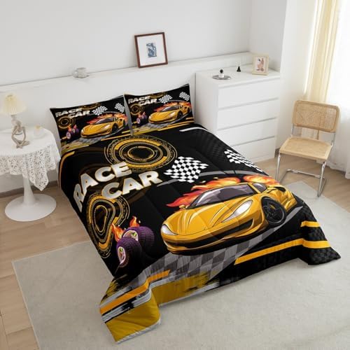 Feelyou Kids Yellow Race car Comforter Set Full Size Speed Sports Car Bedding Set Boys Girls Automobile Racing Car Quilt Set Extreme Sports Theme Bed Set
