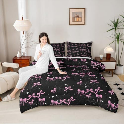 jejeloiu Pink Bow Comforter Set Full Size Bedding Set for Kids Boys Girls