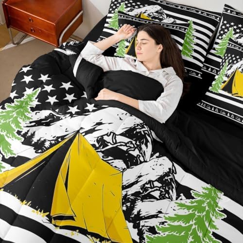 Erosebridal Camper Decor 7 Pcs Bedding Set Happy Camping Boys Bed in A Bag Rustic Farmhouse Comforter Set with Sheets King Size for Kids Teens Adult Room Bonfire Rv Travel Trailer Bed Sets, Black