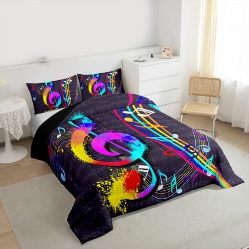 Music Note Comforter Set - King Size Colorful Tie-Dye Hippie Style Bedding for Boys & Girls - Musical Notation Decor - Duvet Insert 3 Pcs