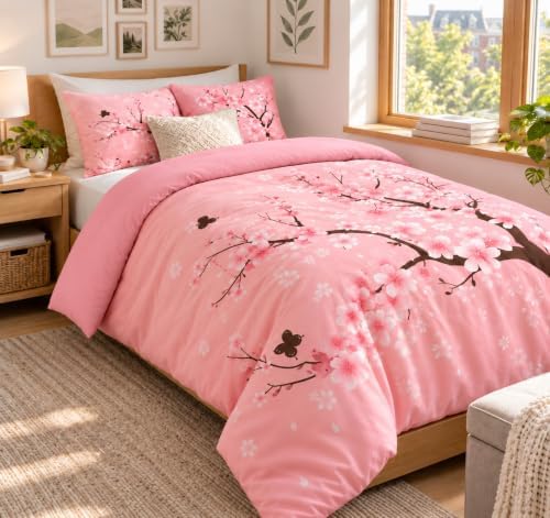 CCoutueChen Pink Cherry Blossom Comforter Set Queen,Japanese Floral Bedding