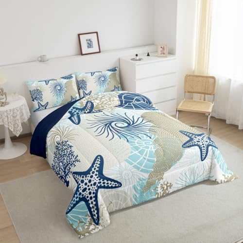 Homewish Ocean Comforter Set King Size,Starfish Shell Coral Sealife Bedding Set 3pcs for Kids Boys Girls Room Decor,Boho Hawaii Style Quilt Set Vintage Navy Blue Duvet Insert with 2 Pillowcases