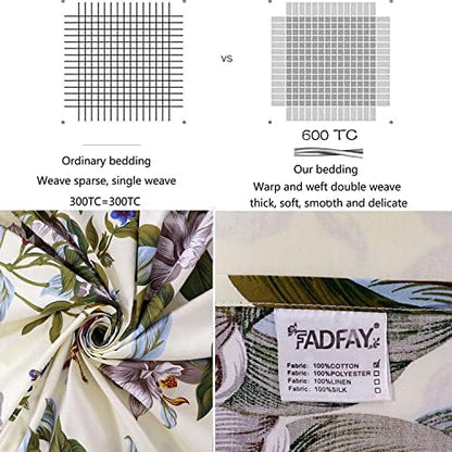 FADFAY Shabby Floral Sheets California King 100% Cotton 600 TC White Flower and Green Leaves Bedding Vintage Garden Botanical Print Country Side Bed Sheet Soft Hypoallergenic Deep Pocket Sheet 17.5''