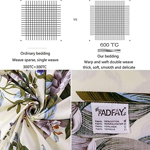 FADFAY Shabby Floral Sheets Full 100% Cotton 600 TC White Flower and Green Leaves Bedding Vintage Garden Botanical Print Country Side Bed Sheet Soft Hypoallergenic Deep Pocket Sheet 17.5''