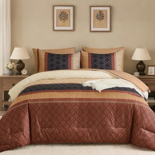Queen 7-Piece Burnt Orange Striped Comforter Set,Warm Boho Bedding