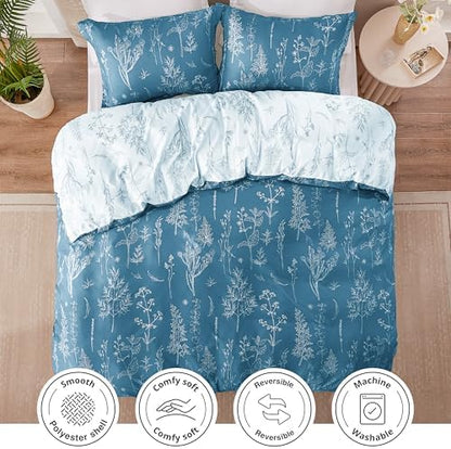 Love's cabin Mineral Blue Full Comforter Set - Full Size Comforter Set, 3 Pieces Cute Floral Bedding Sets for All Seasons,1 Soft Reversible Botanical Flowers Comforter and 2 Pillow Shams