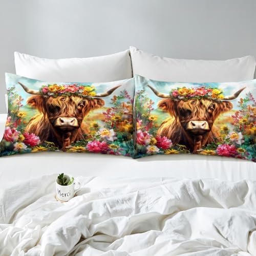 Highland Cow Bedding Comforter Sets Western Bull Cattle Comforter Set Cowboys Gift for Girls Boys Kids Teens, Rustic Farmhouse Wildlife Bedding Vintage Tropical Flowers Duvet Insert 3 Pieces, Full