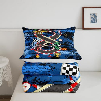 Full Size Comforter Sets for Boys Kids,Racing Car Bedding Comforter Sets,Cars Bedding for Teens Men,Cars Lover Bedding,Cool Race Cars Quilt Bed Set with 1 Comforter 2 Pillowcases(Blue Red)