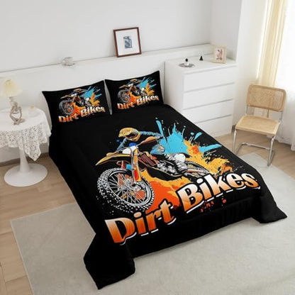 Feelyou Dirt Bike Bedding Set Kids Boys Girls King Size Racing Motocross Rider Comforter Set Teen Adult Ultra Soft Extreme Sports Comforter Motorcycle Racer Duvet Quilt Bedroom Decor Motorbike Quilt