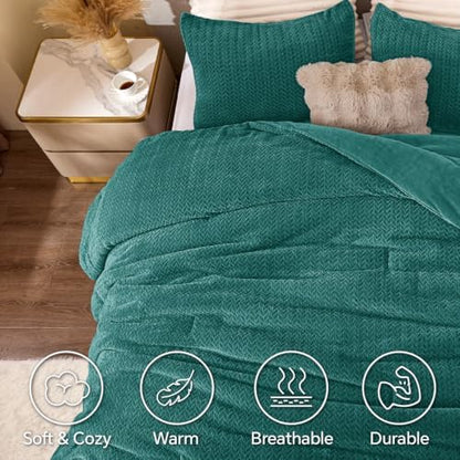 ChiXpace Fleece Twin Size Comforter Set Teal, Fluffy Bed Set 2 Pieces