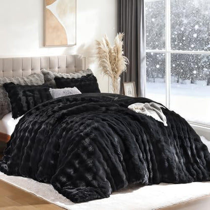 YIKUSH Twin Faux Fur Soft Comforter Set, Fluffy Black Rabbit Fur Comforter