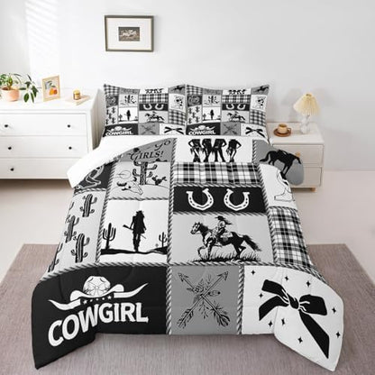 Western Cowgirl Girly Comforter Set King Size,Cactus Horseshoes Cow Skull Boot Rustic Bedding Set,Girls Women Room Decor,Bow Arrow Plaids Patchwork Down Comforter,Black Duvet Insert,2 Pillowcases