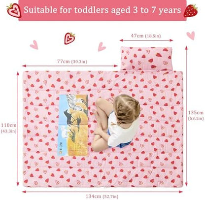 Toddler Nap Mat for Preschool 50''x30'' Sleeping Mat with Removable Pillow and Minky Blanket for Kids Ages 3-7 Roll Up Soft Sleeping Bag for Boys Girls Kindergarten Daycare Sleepover