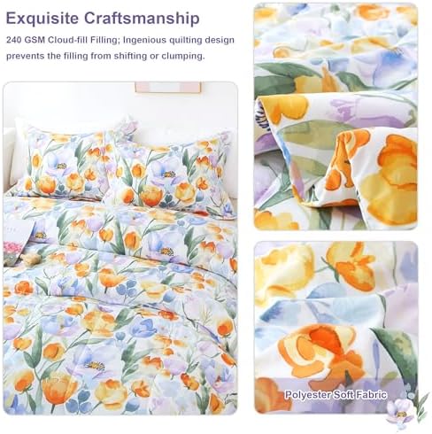 Mooreeke Floral Full Size Comforter Sets, Vintage Purple Orange Floral Patterned Bedding for All Seasons, 3-Piece Vintage Bed in a Bag with Fluffy Quilted Reversible Comforter & 2 Pillow Shams