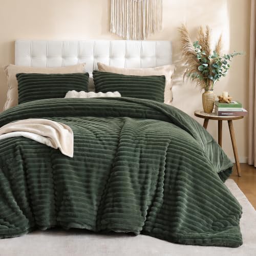 Smoofy Fluffy Full Size Comforter 3 PCS - Olive Green Fleece Bedding Set
