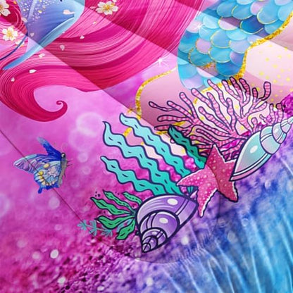 Mermaid Butterfly Comforter Set Queen Size Fairy Tale Sea Shell Grass Bedding Set Colorful Rainbow Quilt Bed Set for Kid Girls with 1 Comforter and 2 Pillowcases