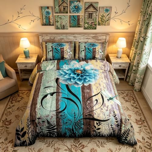 Manfei Blue Flower Comforter Set Full Size, Boho Dragonfly Quilt Set with 2 Pillowcases, Vintage Wooden Board Bedding Set 3pcs for Kids Boys Girls Room Decor Botanical Floral Duvet Insert