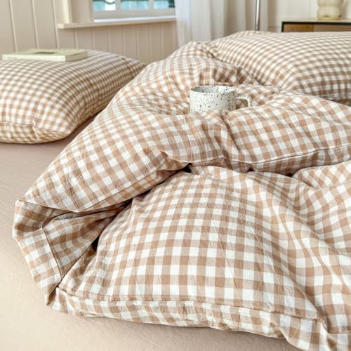LifeTB Queen Comforter Set Tan Gingham Comforter Modern Style Beige Plaid Comforter Set 3 Pieces Fluffy Grid Checkered Comforter with 2 Pillowcases Boho Gingham Bedding Set Queen Size