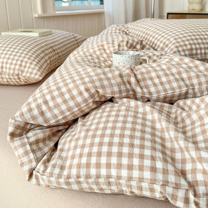 LifeTB Queen Comforter Set Tan Gingham Comforter Modern Style Beige Plaid Comforter Set 3 Pieces Fluffy Grid Checkered Comforter with 2 Pillowcases Boho Gingham Bedding Set Queen Size