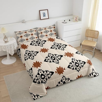 jejeloiu Boho Aztec Comforter Set King Size Kids Western Ethnic Tribal Bedding Set for Boys Girls Teens Wild West Duvet Breathable Exotic Geometric Quilt Bedroom Decor,1 Comforter with 2 Pillowcase