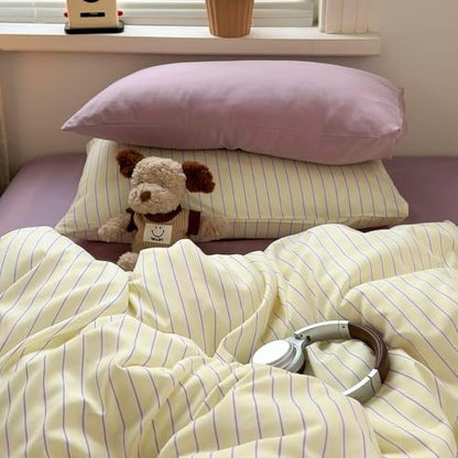 mixinni Pastel Yellow Lavender Striped Queen Duvet Cover Set, Soft Premium Washed Microfiber Aesthetic Stripes Comforter Cover with Hidden Zipper & Corner Ties, 3 Piece Sweet Teen Bedding for Girls
