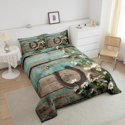 Rustic Farmhouse Bedding Set Teal Country Wooden Barn Door Down Comforter Full Western Horseshoe Daisy Decor Comforter Set for Kids Boys Girls Teen Cowboys Cowgirls Quilt Duvet Sets 2 Pillow Cases