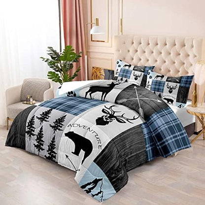 LUVIVIHOME 2PCS Farmhouse Comforter Set, Twin Comforter, Black Bear Deer Elk Moose Woodland Forest Animals Wildlife Hunting Blue Plaid Patchwork Cabin Lodge Country Rustic Bedding Quilt, 1 Pillow Sham
