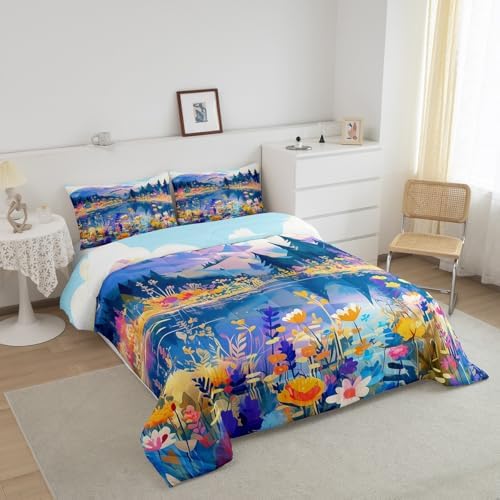 Blossom Flower Comforter Set King Size,Spring Nature Scenery Duvet Insert for Kids Girls Women Room Decor,Lake Mountain Pine Tree Bedding Set 3Pcs,Colorful Floral Garden Quilt Set,2 Pillowcases