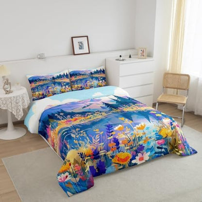 Blossom Flower Comforter Set King Size,Spring Nature Scenery Duvet Insert for Kids Girls Women Room Decor,Lake Mountain Pine Tree Bedding Set 3Pcs,Colorful Floral Garden Quilt Set,2 Pillowcases
