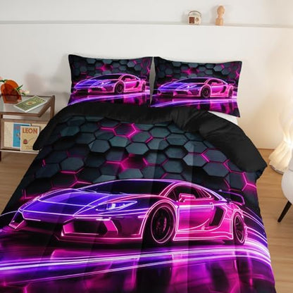HOSIMA Race Car Gaming King Bedding Set for Boys with 2 Pillowcases.