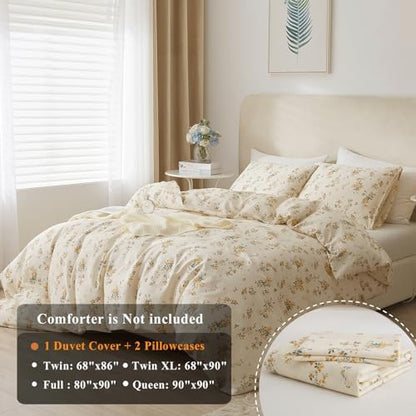 VM VOUGEMARKET Yellow Floral Duvet Cover Queen 3 Pieces Cotton Girls Cottagecore Bedding Set,Rose Flower Comforter Cover with Zipper Closure,Vintage Country Bedding 90x90