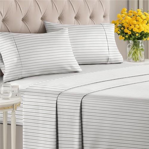 King 4 Piece Striped Sheet Set - Soft, Breathable & Cooling - Double Gray