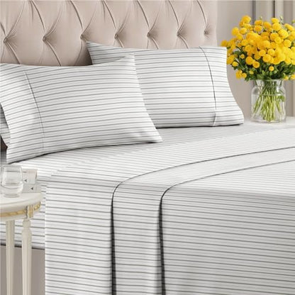 King 4 Piece Striped Sheet Set - Soft, Breathable & Cooling - Double Gray