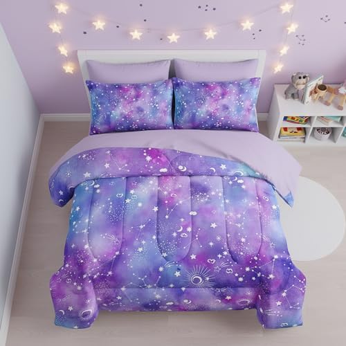QOOMO Purple Galaxy 7 Pieces Comforter Set Twin,Constellation Bedding Set