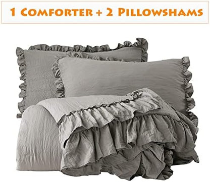 Masaca Gray Ruffled Comforter Set King,Farmhouse Shabby Boho Chic Bedding Comforter Lightweight Fluffy Aesthetic Vintage Rustic Bedding 3 Pieces (1 Ruffle Comforter and 2 Pillowcases)