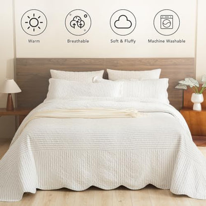 Lady Ann Oversized King Bedspread 120x120, Soft Cotton Quilt Set for Extra Large Bed, Dark Grey White Classic Striped Pattern Quilted Coverlet with Scalloped Edge, 3 Pcs Bedding Set