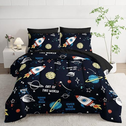 7pcs Space Comforter Set Astronaut Space Rocket Printed Bedding Set with 1 Comforter, 1 Flat Sheet, 1 Fitted Sheet and 4 Pillowcases for Boys and Girls Bedroom (Astronaut Full