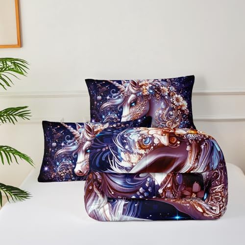 Black Unicorn Comforter Set Queen Size，Unicorn Floral Queen Bedding Set for Girls，with 1 Comforter with 2 Pillow Case