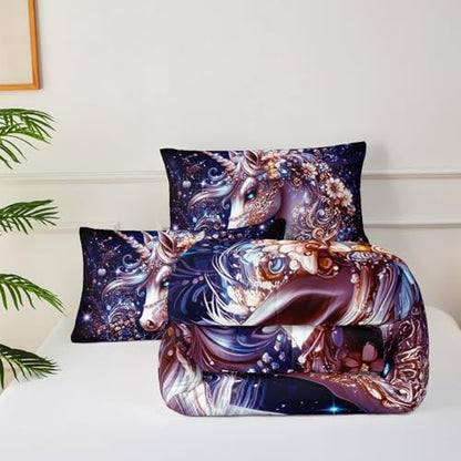 Black Unicorn Comforter Set Queen Size，Unicorn Floral Queen Bedding Set for Girls，with 1 Comforter with 2 Pillow Case