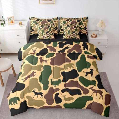 Erosebridal Hunt Bear 7 Piece Bedding Set Twin Camo Comforter Set with Sheets Wolf Turkey Deer Hound Print Bed in a Bag Yellow Brown Camouflage for Kids Boys Girls