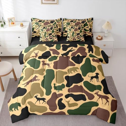 Erosebridal Hunt Bear 7 Piece Bedding Set Twin Camo Comforter Set with Sheets Wolf Turkey Deer Hound Print Bed in a Bag Yellow Brown Camouflage for Kids Boys Girls