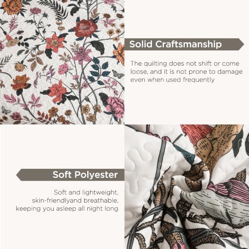 Litanika Floral White Quilt Queen - 3Pcs Botanical Birds Bed Set