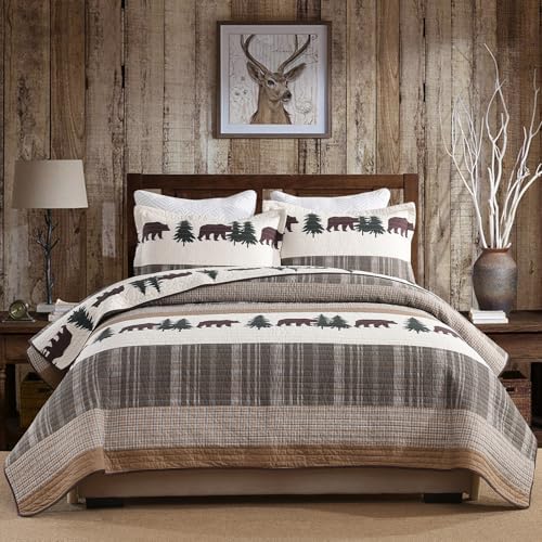 PERHOM Cabin Quilt Queen Size - 100% Cotton Lodge Cabin Queen Quilt Bedding Set, Striped Bear Tree Reversible Quilted Bedspread Lightweight Comforter Set with 2 Shams, Wood Brown/Beige, 3PCS